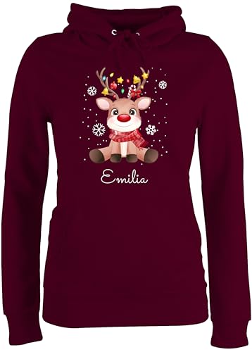 Pullover Damen Hoodie Frauen - Weihnachten - Süßes Rentier mit Name Wunschtext - M - Burgundrot - Weihnachts Baumwolle Frohe Geschenke vor Personalisieren Familie weihnachtliches Baumwoll von Geschenk mit Namen personalisiert by Shirtracer