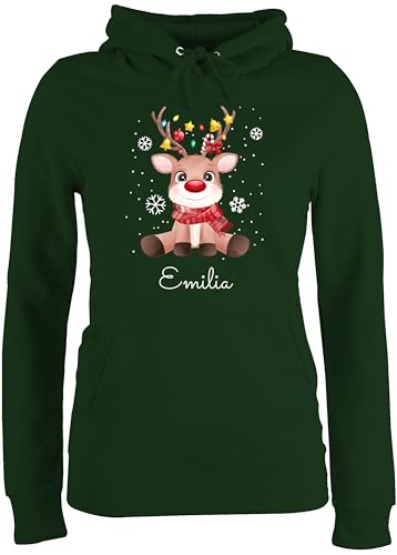 Pullover Damen Hoodie Frauen - Süßes Rentier mit Name Wunschtext I Geschenk Rentier Weihnachten I Rudolph Reindeer Rudolf - M - Dunkelgrün - Weihnachts weinachts Xmas Hoody Familie Weinachten von Geschenk mit Namen personalisiert by Shirtracer