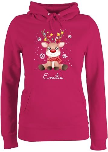 Pullover Damen Hoodie Frauen - Süßes Rentier mit Name Wunschtext I Geschenk Rentier Weihnachten I Rudolph Reindeer Rudolf - M - Fuchsia - Weihnachts weinachts Xmas Hoody Familie Weinachten elch von Geschenk mit Namen personalisiert by Shirtracer
