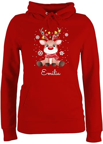 Pullover Damen Hoodie Frauen - Weihnachten - Süßes Rentier mit Name Wunschtext - M - Rot - Weihnachts Baumwolle weinachts weihnachtliches Christmas zu Geschenke vor Frohe Personalisieren Familie von Geschenk mit Namen personalisiert by Shirtracer