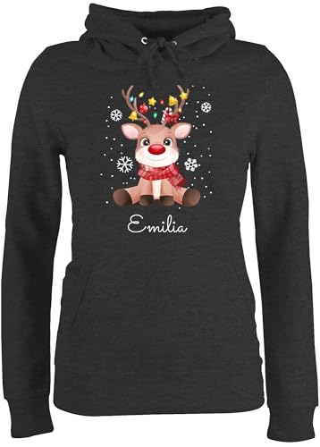 Pullover Damen Hoodie Frauen - Süßes Rentier mit Name Wunschtext I Geschenk Rentier Weihnachten I Rudolph Reindeer Rudolf - S - Anthrazit meliert - Weihnachts weinachts Xmas Hoody Familie von Geschenk mit Namen personalisiert by Shirtracer