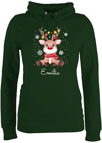 Pullover Damen Hoodie Frauen - Weihnachten - Süßes Rentier mit Name Wunschtext - XL - Dunkelgrün - weinachts Baumwoll Weihnachts Weinachten Baumwolle Christmas weihnacht weihnachtliches Frohe von Geschenk mit Namen personalisiert by Shirtracer