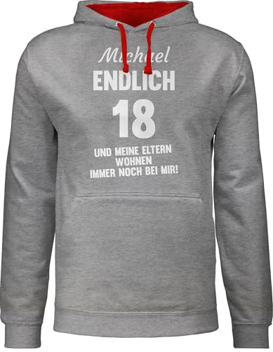 Pullover Herren Frauen Hoodie Kontrast zweifarbig - 18. Geburtstag - Endlich 18 und meine Eltern wohnen immer noch bei mir - eigener Name - weiß - XS - Grau meliert/Rot - jungs 18.geburtstag von Geschenk mit Namen personalisiert by Shirtracer