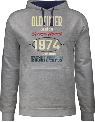 Pullover Herren Frauen Hoodie Kontrast zweifarbig - 50. Geburtstag - Oldtimer Spezial Modell 1974 zum Fünfzigsten - Name aufdruck - dunkel - XL - Grau meliert/Navy Blau - 50 1973 geschenke jahre von Geschenk mit Namen personalisiert by Shirtracer