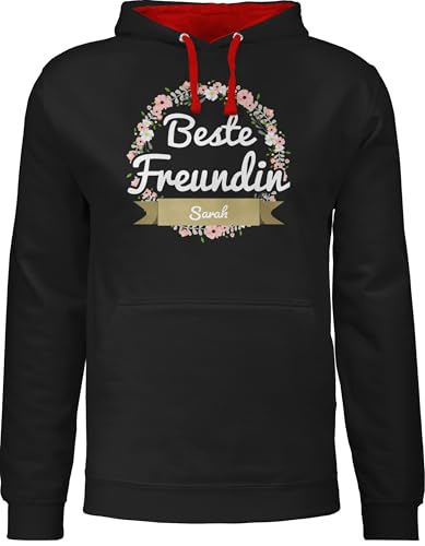 Pullover Herren Frauen Hoodie Kontrast zweifarbig - Beste Freundin - mit Name in Boho Blumenkranz - XXL - Schwarz/Rot - Freundinnen Partner Friends freundinen Bestie Geschenke von Geschenk mit Namen personalisiert by Shirtracer