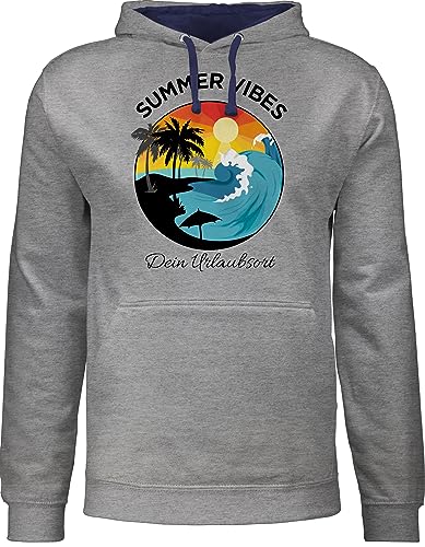 Pullover Herren Frauen Hoodie Kontrast zweifarbig - Damen Must haves bedruckt - Summer Vibes - Strand Surf Welle Urlaub - XXL - Grau meliert/Navy Blau - sommerurlaub von Geschenk mit Namen personalisiert by Shirtracer