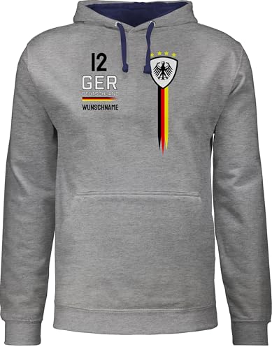 Pullover Herren Frauen Hoodie Kontrast zweifarbig - 2026 Fussball Fanartikel - Deutschland WM Trikot Farben - S - Grau meliert/Navy Blau - in pulli fußball german hoodies em 2024 germany pullis von Geschenk mit Namen personalisiert by Shirtracer