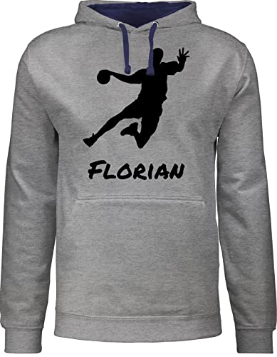 Pullover Herren Frauen Hoodie Kontrast zweifarbig - Geschenke Handball Zubehör - Handballer Silhouette mit Name - M - Grau meliert/Navy Blau - personalisiertes Pulli von Geschenk mit Namen personalisiert by Shirtracer