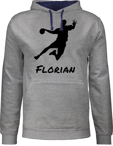 Pullover Herren Frauen Hoodie Kontrast zweifarbig - Geschenke Handball Zubehör - Handballer Silhouette mit Name - S - Grau meliert/Navy Blau - von personalisiertes Pulli wm von Geschenk mit Namen personalisiert by Shirtracer