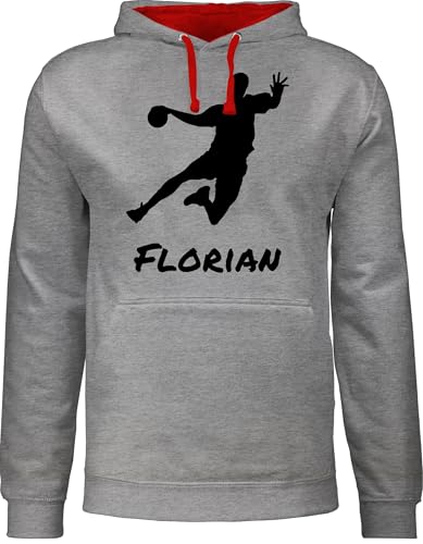 Pullover Herren Frauen Hoodie Kontrast zweifarbig - Geschenke Handball Zubehör - Handballer Silhouette mit Name - XS - Grau meliert/Rot - von personalisiertes Pulli wm von Geschenk mit Namen personalisiert by Shirtracer