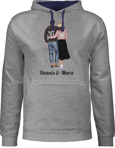 Pullover Herren Frauen Hoodie Kontrast zweifarbig - Liebe - King und Queen Partner Geschenk Valentinstag Weihnachts-Geschenke Idee Couple Pärchen - L - Grau meliert/Navy Blau von Geschenk mit Namen personalisiert by Shirtracer