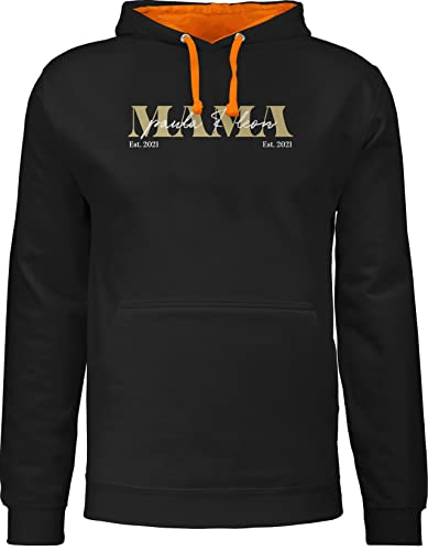 Pullover Herren Frauen Hoodie Kontrast zweifarbig - Muttertag - Mama Geschenk mit Namen Kinder Datum Geburtsjahr Muttertagsgeschenk Mutti seit - L - Schwarz/Orange - muttertaggeschenke Mutter Tage von Geschenk mit Namen personalisiert by Shirtracer