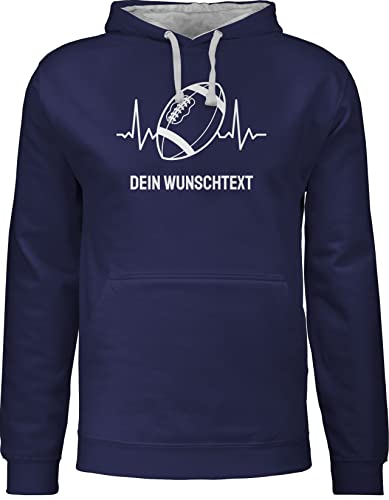 Pullover Herren Frauen Hoodie Kontrast zweifarbig - Geschenke - Football Geschenk personalisiert mit Namen und Herzschlag American Football Männer Superbowl - L - Navy Blau/Grau meliert - Hoody von Geschenk mit Namen personalisiert by Shirtracer