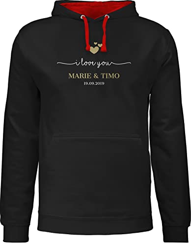 Pullover Herren Frauen Hoodie Kontrast zweifarbig - Valentinstag Liebe - I Love You mit Namen Datum I Partner Geschenk I Paar Geschenk Beziehung I Liebesgeschenk - 3XL - Schwarz/Rot - Paare von Geschenk mit Namen personalisiert by Shirtracer