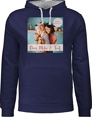 Pullover Herren Frauen Hoodie Kontrast zweifarbig - eigenem - Foto Bild - 3XL - Navy Blau/Grau meliert - Drauf und textfeld Aufdruck personalisierbar personalisierte Bedrucken Text auserwählte von Geschenk mit Namen personalisiert by Shirtracer