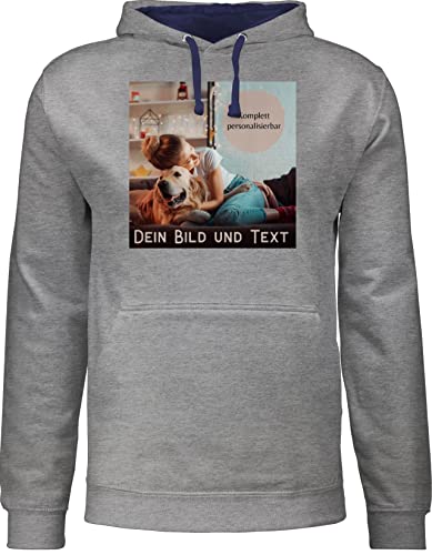 Pullover Herren Frauen Hoodie Kontrast zweifarbig - eigenem - Foto Bild Geschenk - L - Grau meliert/Navy Blau - selbst Druck Bedrucken und Text selber individuelles selbstgestaltung persönliches von Geschenk mit Namen personalisiert by Shirtracer