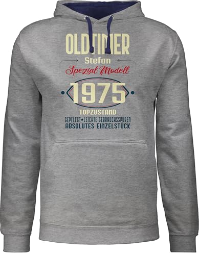 Pullover Herren Frauen Hoodie Kontrast zweifarbig - 50. Geburtstag - Oldtimer Spezial Modell 1975 zum Fünfzigsten - Name aufdruck - dunkel - L - Grau meliert/Navy Blau - 50 1972 oberteil fünfziger von Geschenk mit Namen personalisiert by Shirtracer