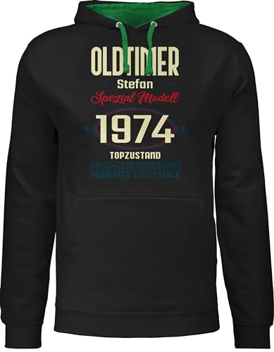 Pullover Herren Frauen Hoodie Kontrast zweifarbig - 50. Geburtstag - Oldtimer Spezial Modell 1974 zum Fünfzigsten - Name aufdruck - dunkel - XL - Schwarz/Grün - 50.geburtstag 1973 oberteil von Geschenk mit Namen personalisiert by Shirtracer