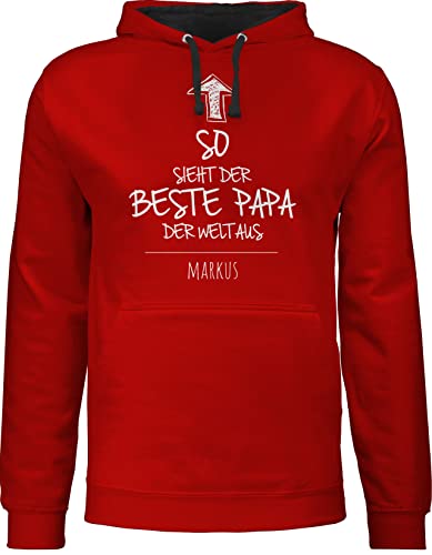 Pullover Herren Frauen Hoodie Kontrast zweifarbig - zum Vatertag - So Sieht der Beste Papa der Welt aus - L - Rot/Schwarz - Geschenke für väter Vater personalisierte Vatertagsgeschenk Name von Geschenk mit Namen personalisiert by Shirtracer