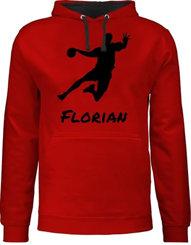 Pullover Herren Frauen Hoodie Kontrast zweifarbig - Geschenke Handball Zubehör - Handballer Silhouette mit Name - L - Rot/Schwarz - von personalisiertes Pulli wm von Geschenk mit Namen personalisiert by Shirtracer