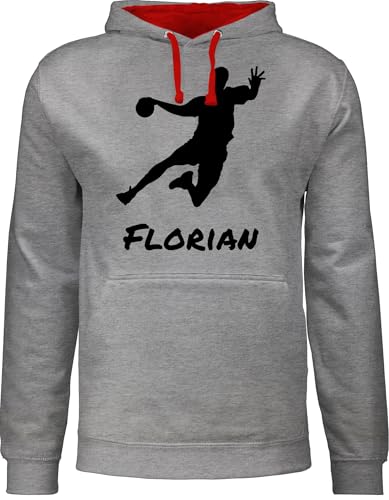Pullover Herren Frauen Hoodie Kontrast zweifarbig - Geschenke Handball Zubehör - Handballer Silhouette mit Name - S - Grau meliert/Rot - von personalisiertes Pulli wm von Geschenk mit Namen personalisiert by Shirtracer