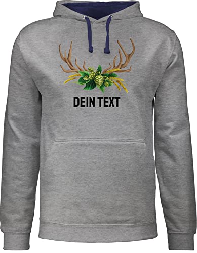 Pullover Herren Frauen Hoodie Kontrast zweifarbig - Kompatibel Oktoberfest - Hopfen Weizen Hirschgeweih und Dein Text - L - Grau meliert/Navy Blau - bayrische damen trachten hoodies bayrisch von Geschenk mit Namen personalisiert by Shirtracer