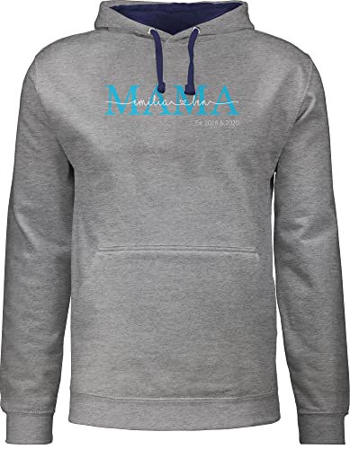 Pullover Herren Frauen Hoodie Kontrast zweifarbig - Muttertag - Mama Kindernamen Geschenk Geburtstag - 3XL - Grau meliert/Navy Blau - Geschenke für mütter mutertagsgeschenke muttertags Mamas von Geschenk mit Namen personalisiert by Shirtracer