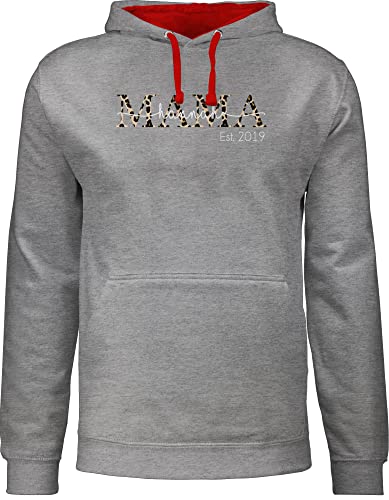 Pullover Herren Frauen Hoodie Kontrast zweifarbig - Muttertag - Mama mit Namen und Jahreszahl - Lettering braunes Leomuster - M - Grau meliert/Rot - sprüche Mutti muttertagsgeschenk Geschenke für von Geschenk mit Namen personalisiert by Shirtracer