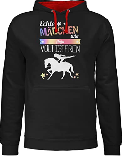 Pullover Herren Frauen Hoodie Kontrast zweifarbig - Pferd Pferde - Echte Mädchen voltigieren Namen - XS - Schwarz/Rot - Geschenke für Reiterin personalisierte reiten pferdeherz pferdegeschenk von Geschenk mit Namen personalisiert by Shirtracer