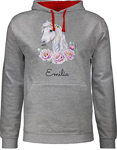 Pullover Herren Frauen Hoodie Kontrast zweifarbig - Pferde - Pferdemotiv Pferdekopf Pferd Name - XL - Grau meliert/Rot - und personalisierte Geschenke Reiterin Geschenk+für+pferdeliebhaber Reiter von Geschenk mit Namen personalisiert by Shirtracer