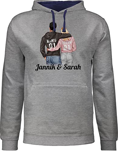 Pullover Herren Frauen Hoodie Kontrast zweifarbig - Liebe - Partner Geschenke Paar King Queen Couple Pärchen Weihnachts-Geschenke Valentinstag - L - Grau meliert/Navy Blau - für paare von Geschenk mit Namen personalisiert by Shirtracer