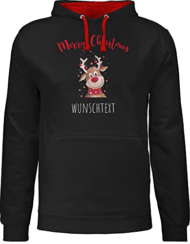 Pullover Herren Frauen Hoodie Kontrast zweifarbig - Weihnachten Geschenke - Merry Christmas Rentier mit Sternen - XS - Schwarz/Rot - 2023 Damen 2022 männer personalisierte Men Name von Geschenk mit Namen personalisiert by Shirtracer