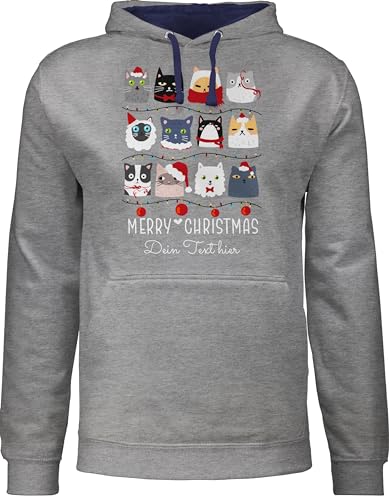 Pullover Herren Frauen Hoodie Kontrast zweifarbig - Katzen zu Weihnachten - Merry Christmas mit Wunschtext Text Katzenliebhaber - M - Grau meliert/Navy Blau - Geschenke weihnachtlich Weihnachts Name von Geschenk mit Namen personalisiert by Shirtracer