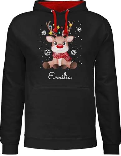 Pullover Herren Frauen Hoodie Kontrast zweifarbig - Weihnachten - Süßes Rentier mit Name Wunschtext - M - Schwarz/Rot - weinachts weihnacht Weinachten weihnachtliches Weihnachts Christmas von Geschenk mit Namen personalisiert by Shirtracer