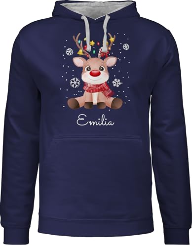 Pullover Herren Frauen Hoodie Kontrast zweifarbig - Süßes Rentier mit Name Wunschtext I Geschenk Rentier Weihnachten I Rudolph Reindeer Rudolf - XL - Navy Blau/Grau meliert - weinachts Xmas Damen von Geschenk mit Namen personalisiert by Shirtracer
