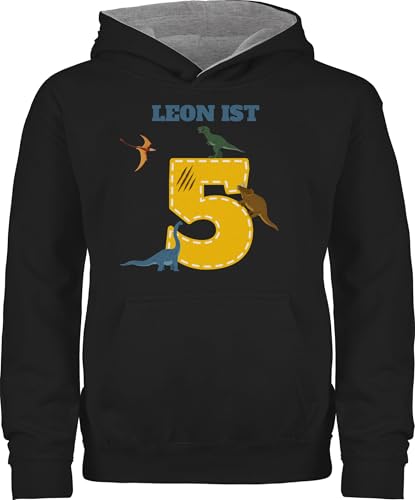 Pullover Kinder Hoodie Jungen Mädchen - 5. - 5 Geburtstag Dinosaurier Dino - 104 (3/4 Jahre) - Schwarz/Grau meliert - Geburtstags 5.Geburtstag Jahre Pulli 5-jaehrige Personalized personalisiertes von Geschenk mit Namen personalisiert by Shirtracer