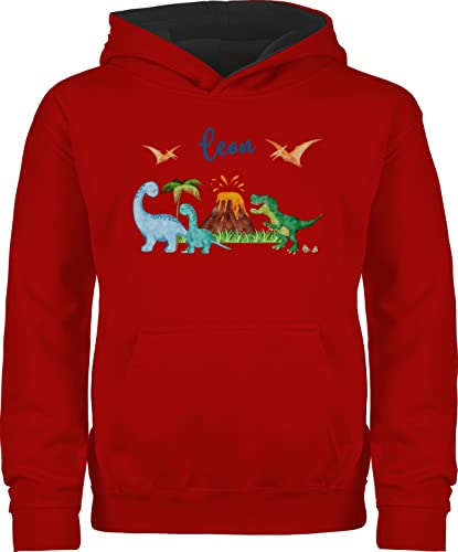 Pullover Kinder Hoodie Jungen Mädchen - Geschenk Dinosaurier personalisiert mit Name I Dino I Dinos - 140 (9/11 Jahre) - Rot/Schwarz - Pullover+Dinosaurier Tier trex Pulli Tieren Kita Hoodies von Geschenk mit Namen personalisiert by Shirtracer