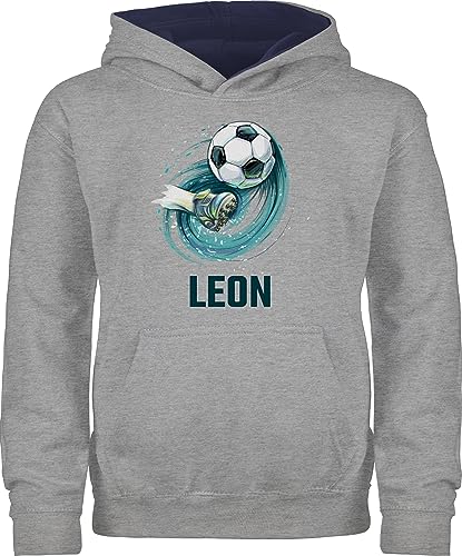 Pullover Kinder Hoodie Jungen Mädchen - Fußball Schuss Cool Fußballfan - 128 (7/8 Jahre) - Grau meliert/Navy Blau - Fussball Geschenke personalisierte und personalisierter Text personalisiertes von Geschenk mit Namen personalisiert by Shirtracer