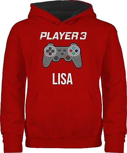 Pullover Kinder Hoodie Jungen Mädchen - Gaming - Player 3 Controller Spieler DREI Zocker Gamer Daddeln Partner Partnerin Geschenk - 152 (12/13 Jahre) - Rot/Schwarz - für zocken von Geschenk mit Namen personalisiert by Shirtracer