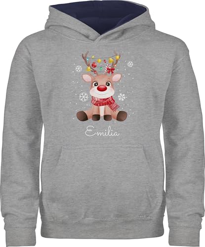 Pullover Kinder Hoodie Jungen Mädchen - Geschenke - Süßes Rentier mit Name Wunschtext I Geschenk Rentier Weihnachten I Rudolph Reindeer Rudolf - 128 (7/8 Jahre) - Grau meliert/Navy Blau von Geschenk mit Namen personalisiert by Shirtracer