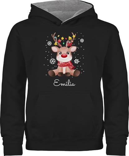 Pullover Kinder Hoodie Jungen Mädchen - Geschenke - Süßes Rentier mit Name Wunschtext I Geschenk Rentier Weihnachten I Rudolph Reindeer Rudolf - 128 (7/8 Jahre) - Schwarz/Grau meliert von Geschenk mit Namen personalisiert by Shirtracer