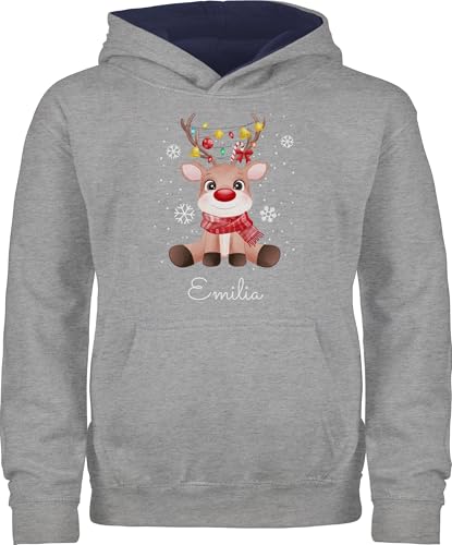 Pullover Kinder Hoodie Jungen Mädchen - Geschenke - Süßes Rentier mit Name Wunschtext I Geschenk Rentier Weihnachten I Rudolph Reindeer Rudolf - 140 (9/11 Jahre) - Grau meliert/Navy Blau von Geschenk mit Namen personalisiert by Shirtracer