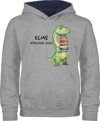 Pullover Kinder Hoodie Jungen Mädchen - Junge - Einschulung 2025 Schulkind 2025 Schulanfang Dinosaurier mit Namen - 116 (5/6 Jahre) - Grau meliert/Navy Blau - schulkinder Schule Pulli schul von Geschenk mit Namen personalisiert by Shirtracer