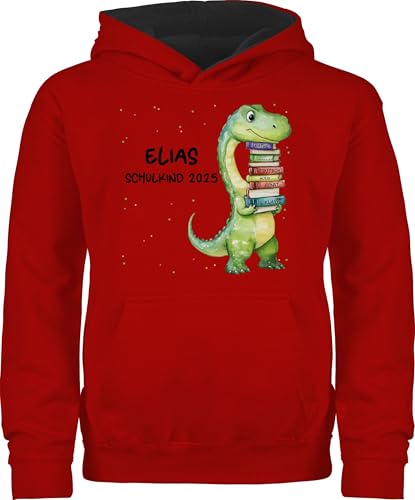 Pullover Kinder Hoodie Jungen Mädchen - Junge - Einschulung 2025 Schulkind 2025 Schulanfang Dinosaurier mit Namen - 152 (12/13 Jahre) - Rot/Schwarz - schulkinder Schule Pulli schul Schulstart von Geschenk mit Namen personalisiert by Shirtracer