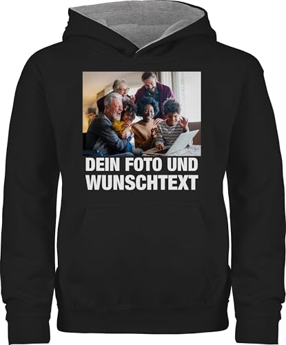 Pullover Kinder Hoodie Jungen Mädchen - Geschenk mit Bild I eigenem Foto I Name I eigener Text I Wunschtext - 152 (12/13 Jahre) - Schwarz/Grau meliert - selber designen selbst drucken Logo Pulli von Geschenk mit Namen personalisiert by Shirtracer