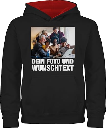 Pullover Kinder Hoodie Jungen Mädchen - Mit Bild eigenem Foto Name Text Wunschtext - 140 (9/11 Jahre) - Schwarz/Rot - eigenen Bilder Bedrucken Wunschname wunschdruck beschriftung Schrift von Geschenk mit Namen personalisiert by Shirtracer