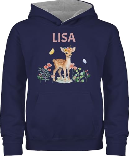 Pullover Kinder Hoodie Jungen Mädchen - REH mit Name personalisiert I Rehkitz I Rehe - 128 (7/8 Jahre) - Navy Blau/Grau meliert - Tier und Pulli Tiere Blumen kinderpullover Tieren Waldtiere von Geschenk mit Namen personalisiert by Shirtracer