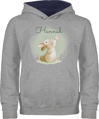 Pullover Kinder Hoodie Jungen Mädchen - Süßer Hase mit Name personalisiert I Hasen Geschenk Bunny I Rabbit I Kaninchen - 140 (9/11 Jahre) - Grau meliert/Navy Blau - hasenmotiv Ostern Pulli von Geschenk mit Namen personalisiert by Shirtracer