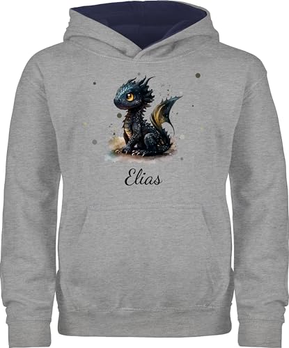 Pullover Kinder Hoodie Jungen Mädchen - Süßer Kleiner Drache mit Namen Nachtdrache Dragon Drachen Drachenzähmen - 128 (7/8 Jahre) - Grau meliert/Navy Blau - Dragons von Geschenk mit Namen personalisiert by Shirtracer