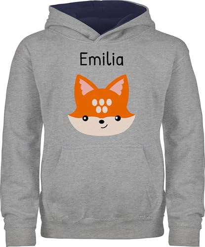 Pullover Kinder Hoodie Jungen Mädchen - Süßer schlauer Fuchs - 140 (9/11 Jahre) - Grau meliert/Navy Blau - personalisierter 104 füchse Name Pulli +mit+Fuchs personalisierte Geschenke Kind hudis von Geschenk mit Namen personalisiert by Shirtracer